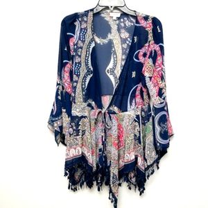 Umgee brand blue sheer paisley print, shrug style coverup
